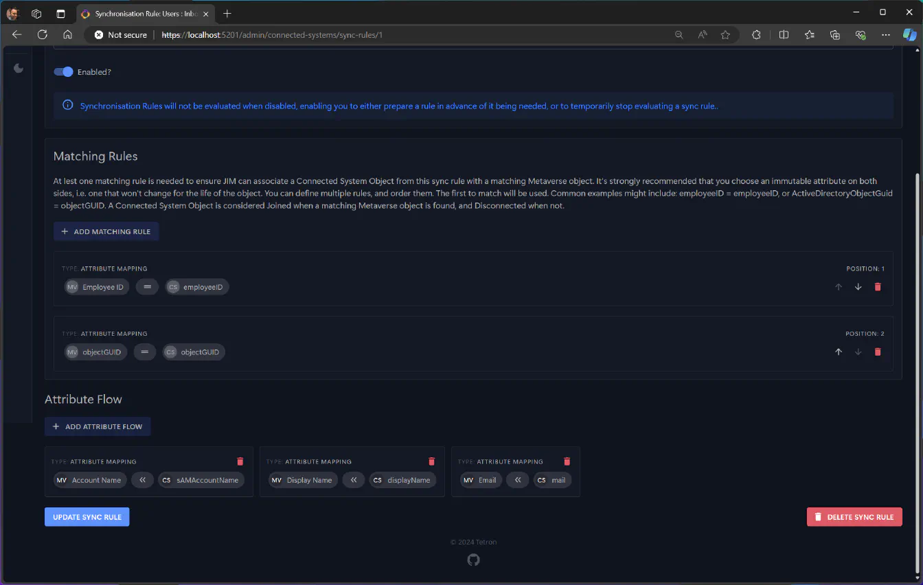 Defining attribute flow between JIM and a Connected System